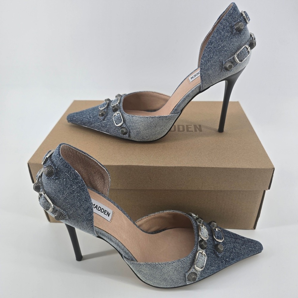 Steve Madden Size 9.5 Dalidal Denim Studded Buckle Pointed Toe Heels, New in Box